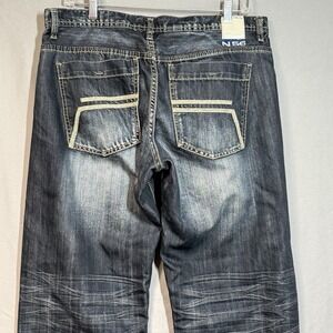 Helix N56 Loose Straight Jeans Mens 33x30 Dark Blue Whiskered Embroidered Skater